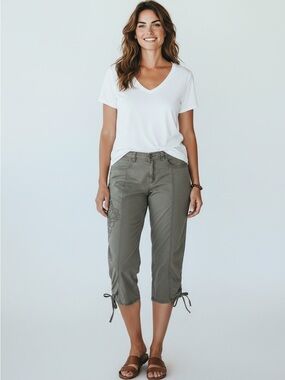 Denver Hayes Women's Hanna High Rise Olive Cropped Drawstring Cargo Pants Sz 10